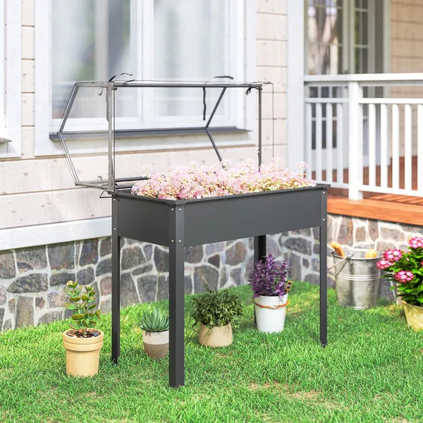 Outsunny Elevated Garden Box with Greenhouse Cover, Raised Garden Bed with Legs and Drainage Hole for Vegetables, Dark Gray - product image 9