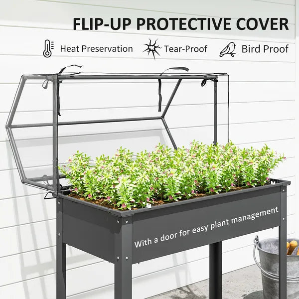 Outsunny Elevated Garden Box with Greenhouse Cover, Raised Garden Bed with Legs and Drainage Hole for Vegetables, Dark Gray - product image 4