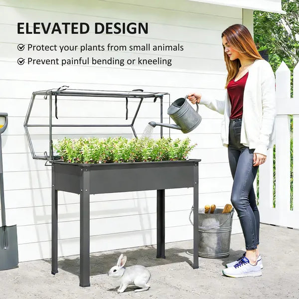 Outsunny Elevated Garden Box with Greenhouse Cover, Raised Garden Bed with Legs and Drainage Hole for Vegetables, Dark Gray - product image 5