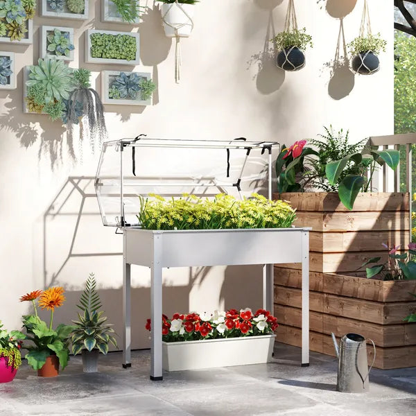 Outsunny Elevated Garden Box with Greenhouse Cover, Raised Garden Bed with Legs and Drainage Hole for Vegetables, White - product image 10