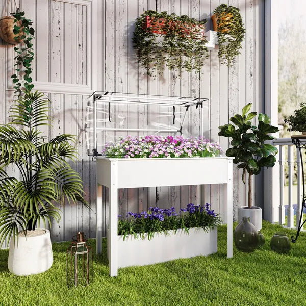 Outsunny Elevated Garden Box with Greenhouse Cover, Raised Garden Bed with Legs and Drainage Hole for Vegetables, White - product image 2
