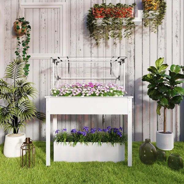 Outsunny Elevated Garden Box with Greenhouse Cover, Raised Garden Bed with Legs and Drainage Hole for Vegetables, White - product image 8