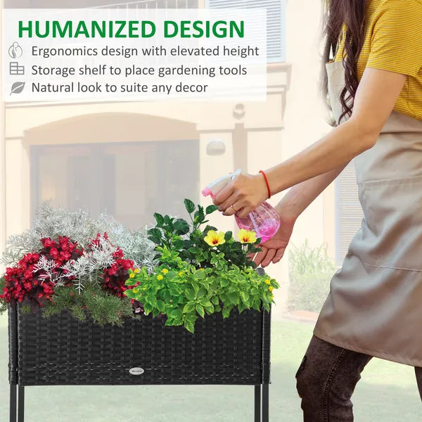Elevated Metal Garden Bed with Rattan Look and Tool Storage, Modern Design, Black - product image 6