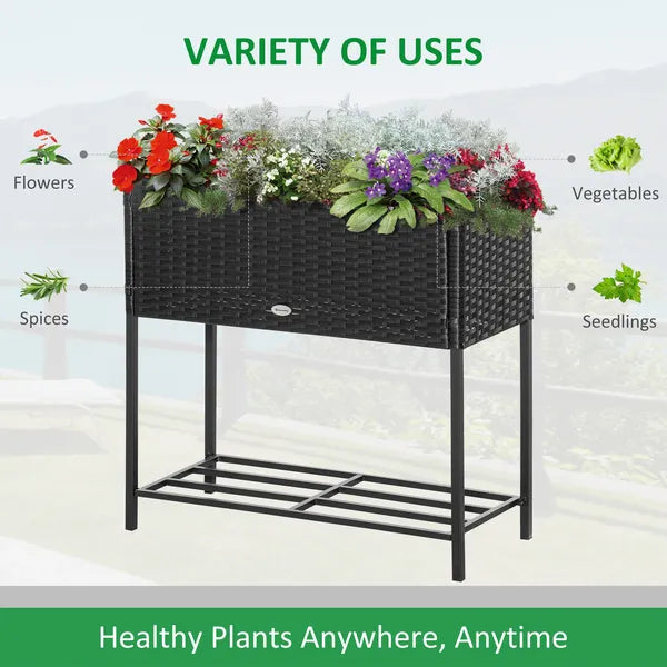 Elevated Metal Garden Bed with Rattan Look and Tool Storage, Modern Design, Black - product image 4