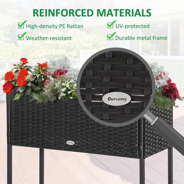 Elevated Metal Garden Bed with Rattan Look and Tool Storage, Modern Design, Black - product image 5