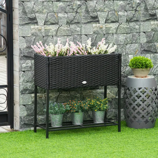 Elevated Metal Garden Bed with Rattan Look and Tool Storage, Modern Design, Black - product image 2