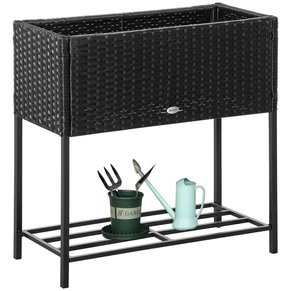 Elevated Metal Garden Bed with Rattan Look and Tool Storage, Modern Design, Black - product image 1