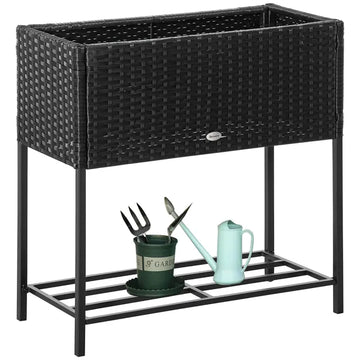Elevated Metal Garden Bed with Rattan Look and Tool Storage, Modern Design, Black - product image 1