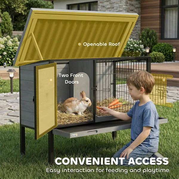 PawHut Elevated Rabbit Hutch Outdoor, Wooden Rabbit Cage Bunny House with Pull-out Tray and Openable Plastic Roof - product image 6