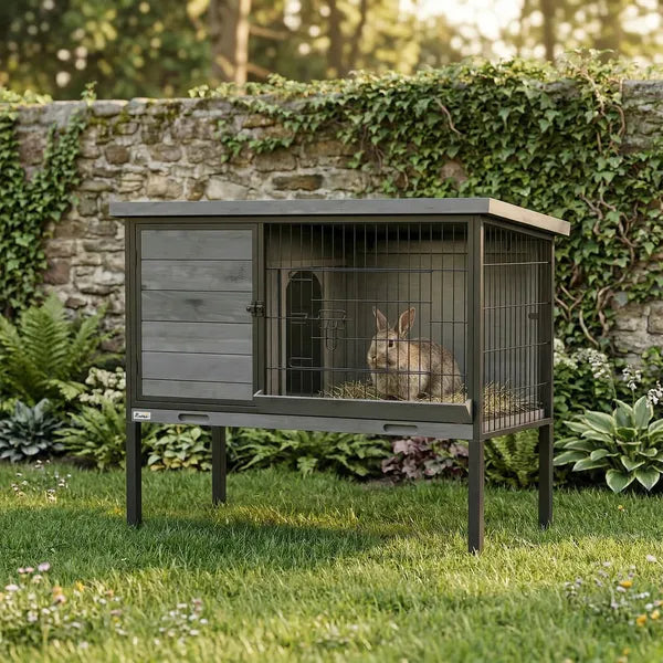 PawHut Elevated Rabbit Hutch Outdoor, Wooden Rabbit Cage Bunny House with Pull-out Tray and Openable Plastic Roof - product image 7