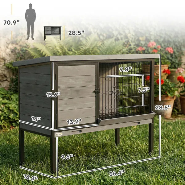 PawHut Elevated Rabbit Hutch Outdoor, Wooden Rabbit Cage Bunny House with Pull-out Tray and Openable Plastic Roof - product image 2