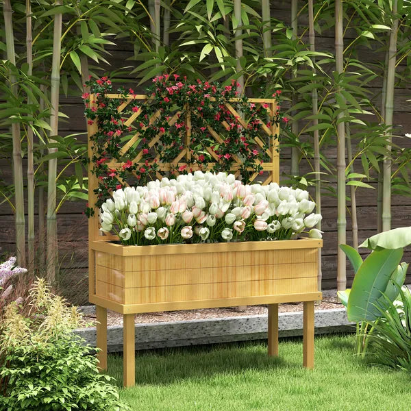 Outsunny Elevated Wood Planter with Trellis for Climbing Plants, Raised Garden Bed with Legs and Drainage Holes, Natural Wood - product image 10