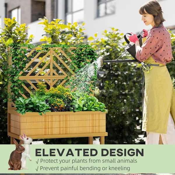 Outsunny Elevated Wood Planter with Trellis for Climbing Plants, Raised Garden Bed with Legs and Drainage Holes, Natural Wood - product image 7