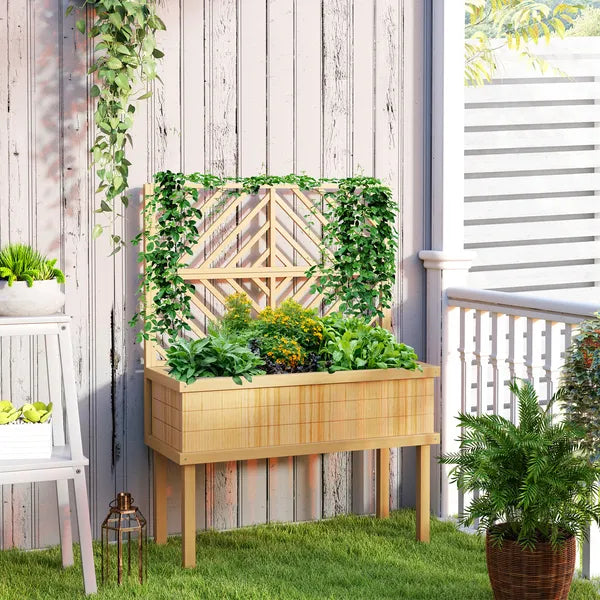 Outsunny Elevated Wood Planter with Trellis for Climbing Plants, Raised Garden Bed with Legs and Drainage Holes, Natural Wood - product image 9