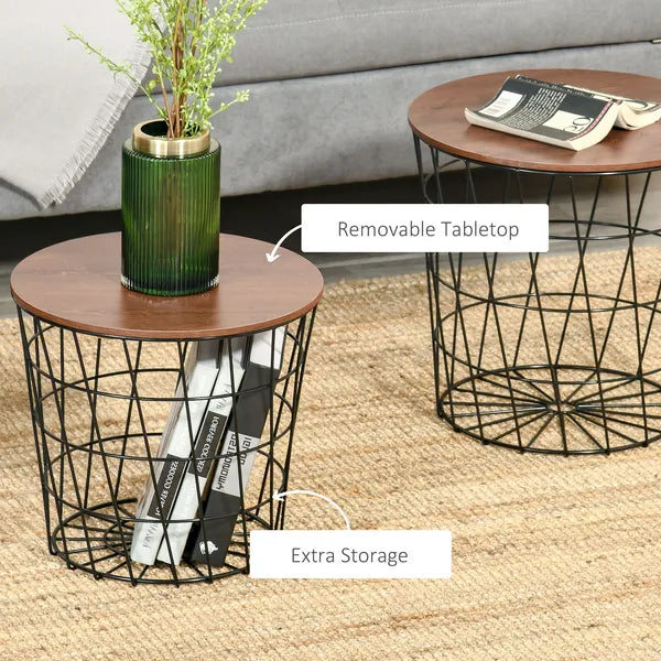 2 Piece Round Nesting End Table Set with Storage, Black and Brown - product image 5