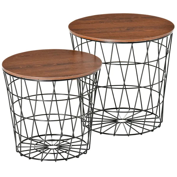 2 Piece Round Nesting End Table Set with Storage, Black and Brown - product image 1