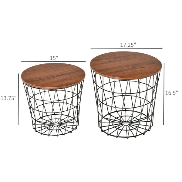2 Piece Round Nesting End Table Set with Storage, Black and Brown - product image 3