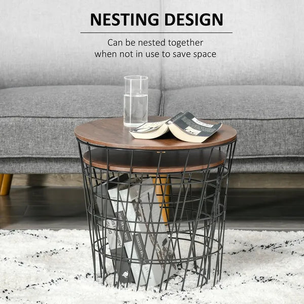 2 Piece Round Nesting End Table Set with Storage, Black and Brown - product image 4