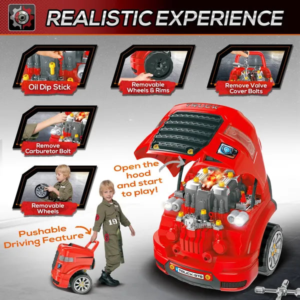 Qaba Engaging Kids Truck Engine Toy Set with RC Car Key | Red Mechanic Toys for Ages 3-5 - product image 4