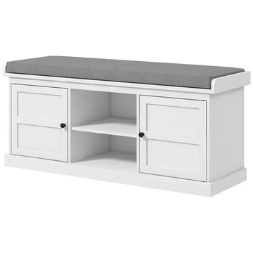 HOMCOM Entrance Shoe Bench with 2 Cabinets, Removable and Washable Cushion and Adjustable Shelf, Bench with Shoe Storage, White - product image 1