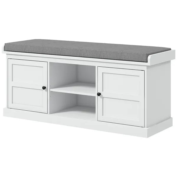HOMCOM Entrance Shoe Bench with 2 Cabinets, Removable and Washable Cushion and Adjustable Shelf, Bench with Shoe Storage, White - product image 1