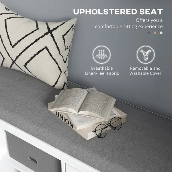 HOMCOM Entrance Shoe Bench with 2 Cabinets, Removable and Washable Cushion and Adjustable Shelf, Bench with Shoe Storage, White - product image 4