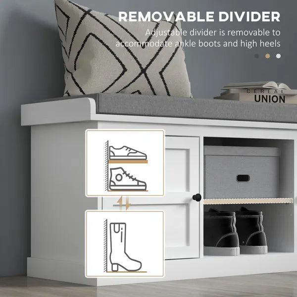 HOMCOM Entrance Shoe Bench with 2 Cabinets, Removable and Washable Cushion and Adjustable Shelf, Bench with Shoe Storage, White - product image 7