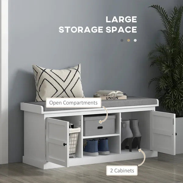 HOMCOM Entrance Shoe Bench with 2 Cabinets, Removable and Washable Cushion and Adjustable Shelf, Bench with Shoe Storage, White - product image 5