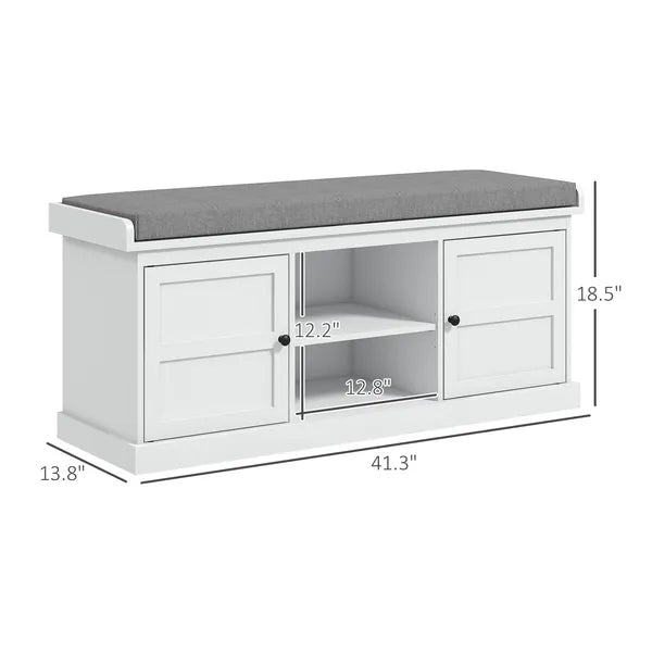 HOMCOM Entrance Shoe Bench with 2 Cabinets, Removable and Washable Cushion and Adjustable Shelf, Bench with Shoe Storage, White - product image 3