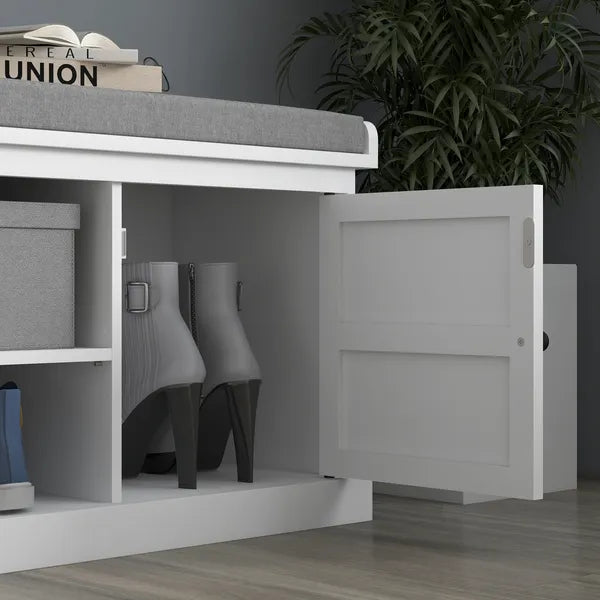 HOMCOM Entrance Shoe Bench with 2 Cabinets, Removable and Washable Cushion and Adjustable Shelf, Bench with Shoe Storage, White - product image 9