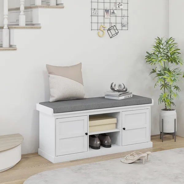 HOMCOM Entrance Shoe Bench with 2 Cabinets, Removable and Washable Cushion and Adjustable Shelf, Bench with Shoe Storage, White - product image 2