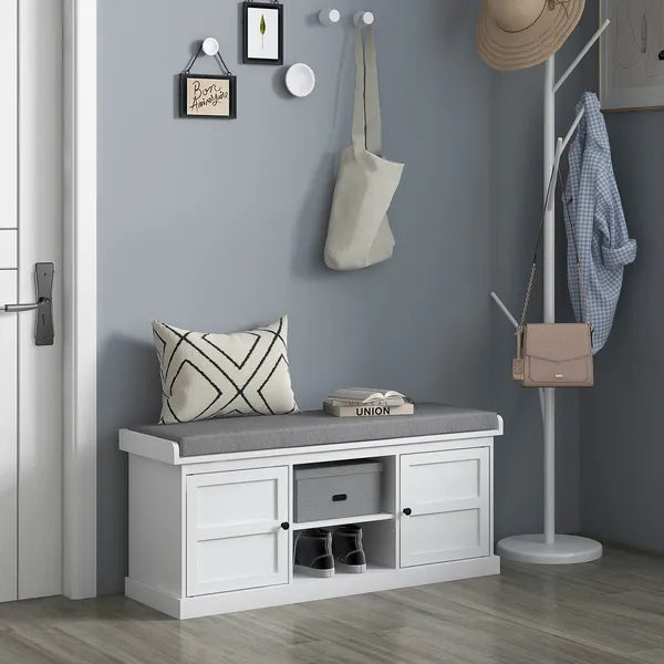 HOMCOM Entrance Shoe Bench with 2 Cabinets, Removable and Washable Cushion and Adjustable Shelf, Bench with Shoe Storage, White - product image 10