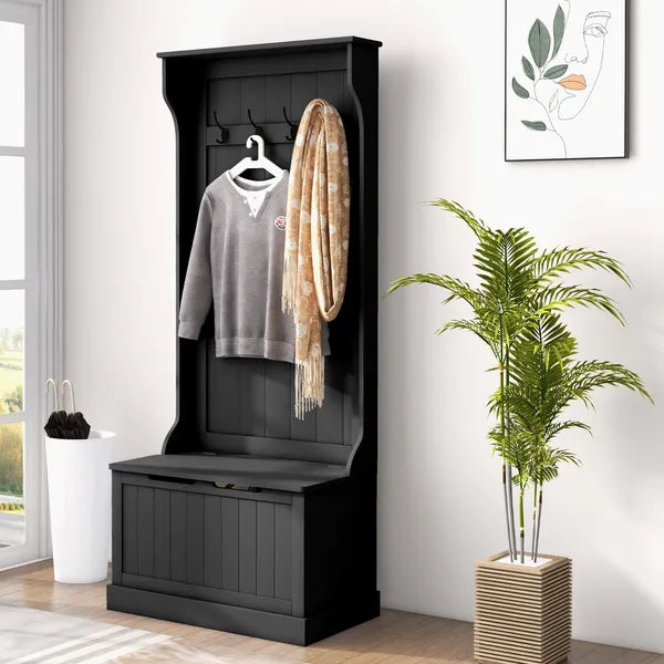 HOMCOM Entryway 3-In-1 Entryway Hall Tree with Storage Bench, Coat Rack with Four Hooks, and Shoe Storage, Black - product image 2