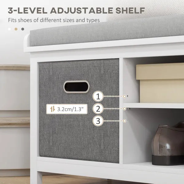 Entryway Bench with Cushioned Seat 2 Drawers White Adjustable Shelf - product image 6