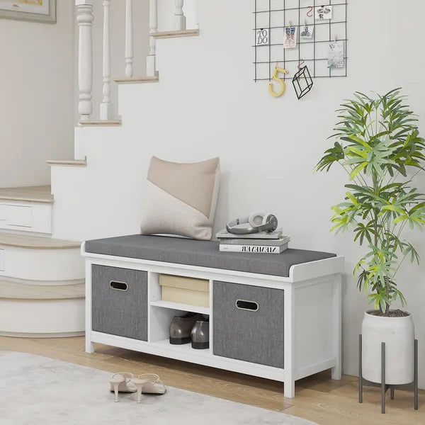 Entryway Bench with Cushioned Seat 2 Drawers White Adjustable Shelf - product image 2
