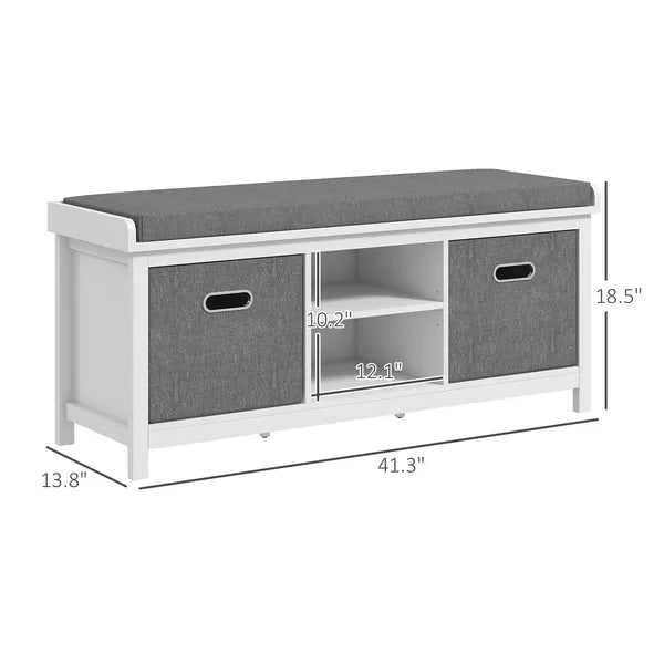 Entryway Bench with Cushioned Seat 2 Drawers White Adjustable Shelf - product image 3