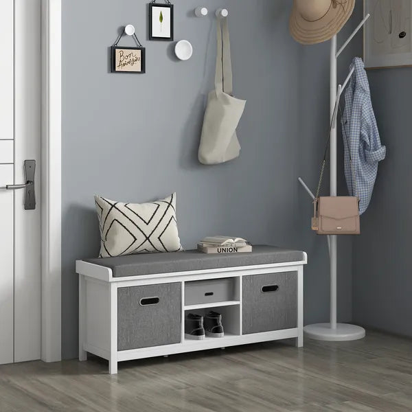 Entryway Bench with Cushioned Seat 2 Drawers White Adjustable Shelf - product image 10
