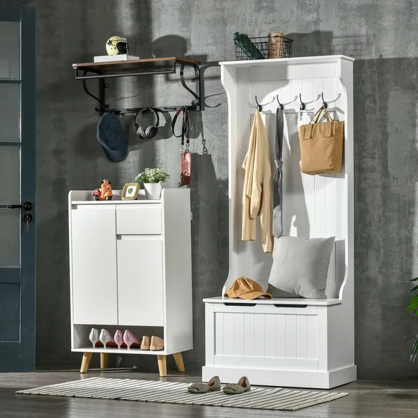 HOMCOM Entryway Hall Tree with Coat Rack, Sitting Bench, Storage, and Hooks, Mudroom Bench, White - product image 2