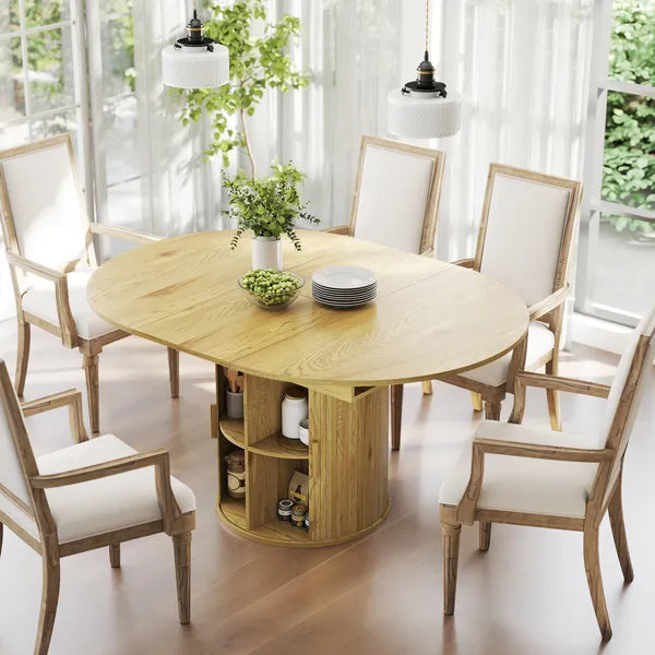 HOMCOM Extendable Dining Table for 6, 60 Inch Farmhouse Kitchen Table with 2-Tier Storage Shelf and Fluted Sliding Doors, Natural - product image 10