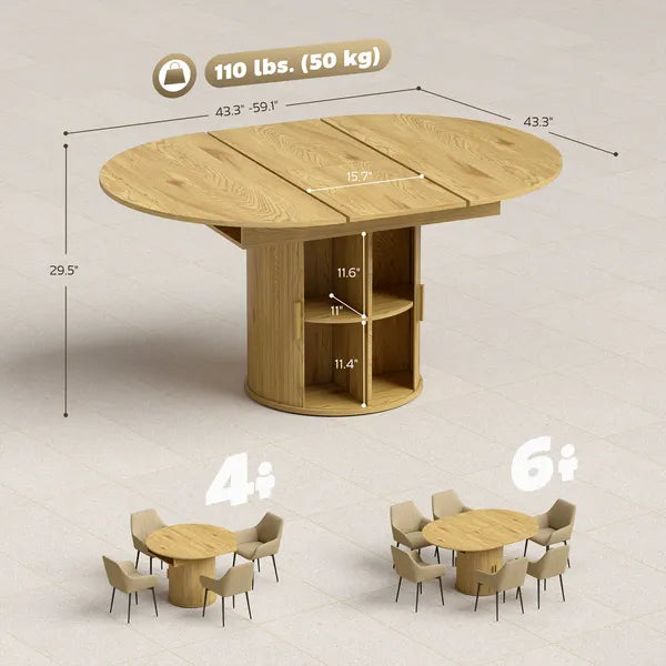 HOMCOM Extendable Dining Table for 6, 60 Inch Farmhouse Kitchen Table with 2-Tier Storage Shelf and Fluted Sliding Doors, Natural - product image 3