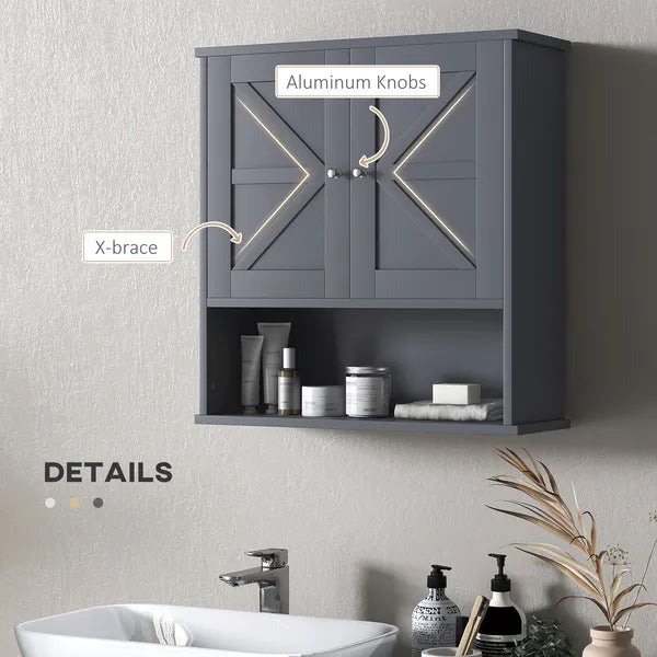Kleankin Farmhouse Bathroom Medicine Cabinet, Wall Cabinet with Barn Doors and Adjustable Shelf for Laundry Room, Gray - product image 7