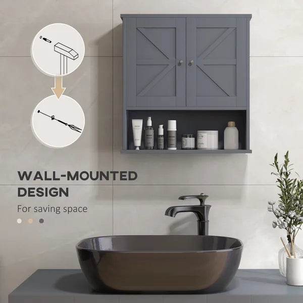 Kleankin Farmhouse Bathroom Medicine Cabinet, Wall Cabinet with Barn Doors and Adjustable Shelf for Laundry Room, Gray - product image 5