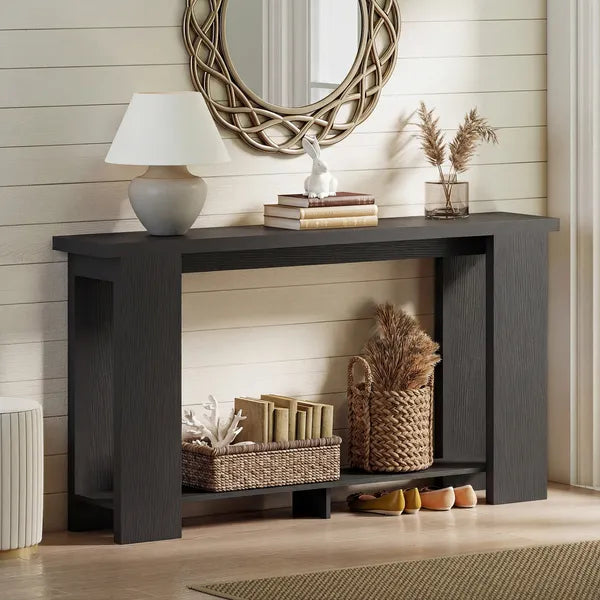 Farmhouse Console Table, 63 Inch Narrow Entryway Table with Thickened Tabletop for Living Room, Hallway, Distressed Black - product image 6