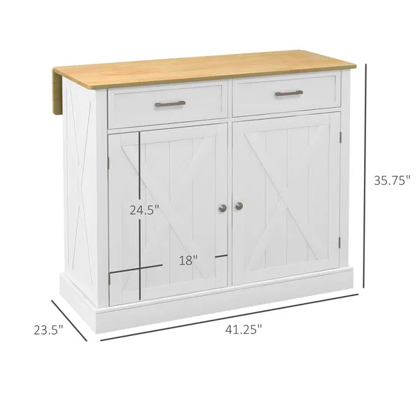 Farmhouse Kitchen Island Cart with Drop Leaf Breakfast Bar, 2 Drawers, Adjustable Shelves, White Wood - product image 3