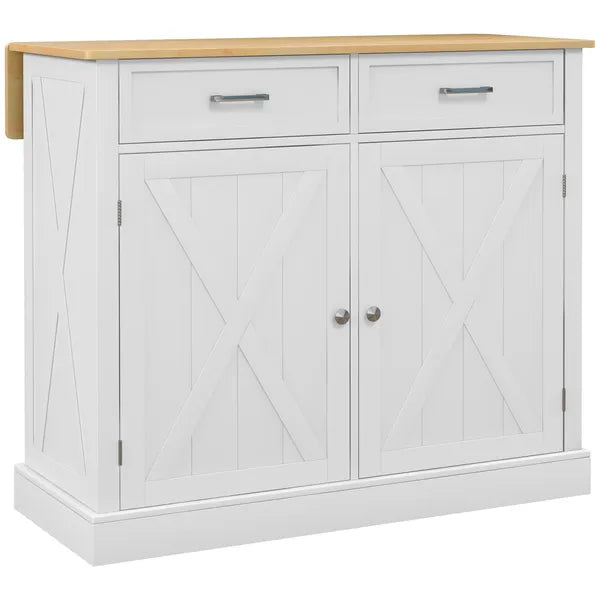 Farmhouse Kitchen Island Cart with Drop Leaf Breakfast Bar, 2 Drawers, Adjustable Shelves, White Wood - product image 1