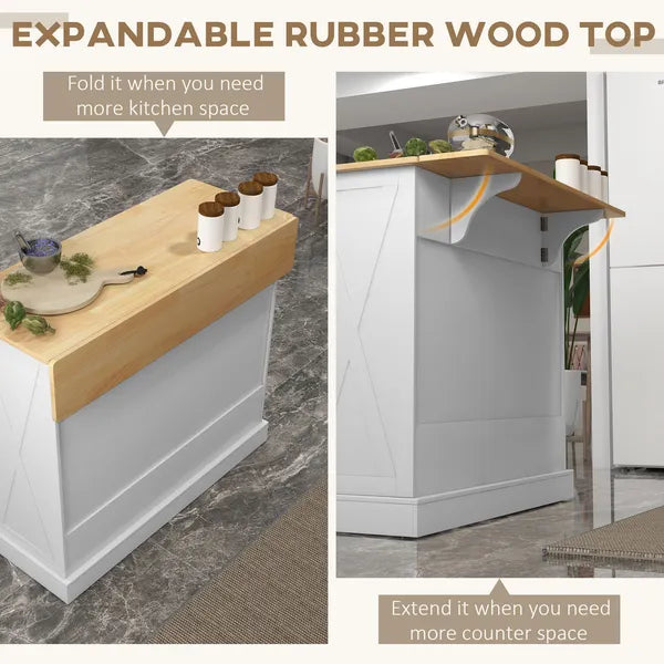 Farmhouse Kitchen Island Cart with Drop Leaf Breakfast Bar, 2 Drawers, Adjustable Shelves, White Wood - product image 4