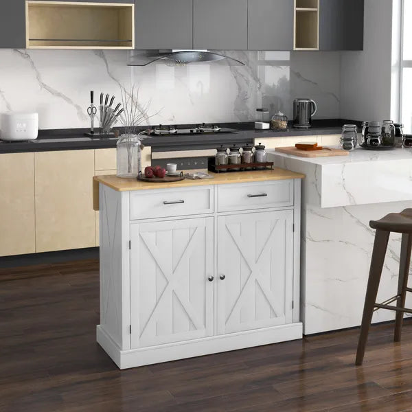 Farmhouse Kitchen Island Cart with Drop Leaf Breakfast Bar, 2 Drawers, Adjustable Shelves, White Wood - product image 2