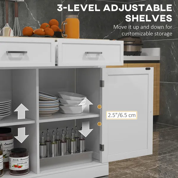 Farmhouse Kitchen Island Cart with Drop Leaf Breakfast Bar, 2 Drawers, Adjustable Shelves, White Wood - product image 6