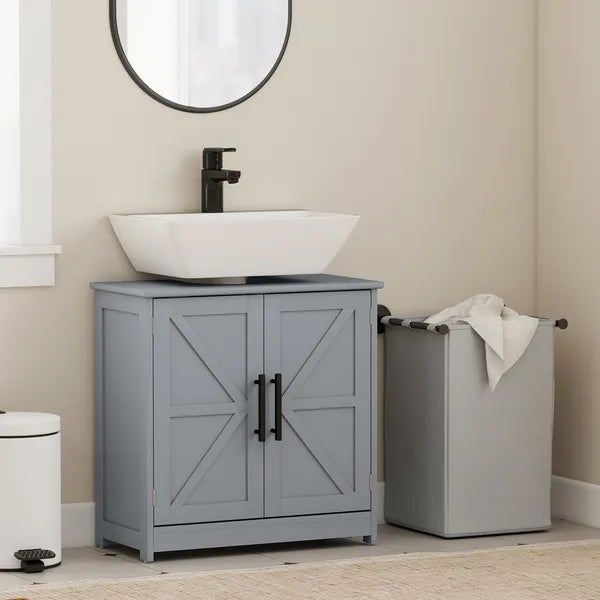 HOMCOM Farmhouse Pedestal Sink Storage Cabinet, Bathroom Sink Cabinet with 2 Barn Doors and Adjustable Shelf, Dark Gray - product image 10