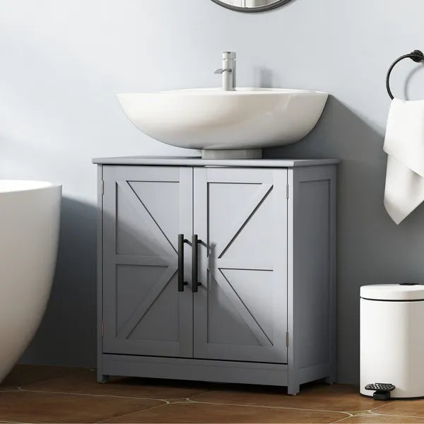 HOMCOM Farmhouse Pedestal Sink Storage Cabinet, Bathroom Sink Cabinet with 2 Barn Doors and Adjustable Shelf, Dark Gray - product image 2